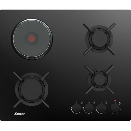 TABLE DE CUISSON VERRE NOIR MIXTE 3 FEUX GAZ + 1 ÉLECTRIQUE