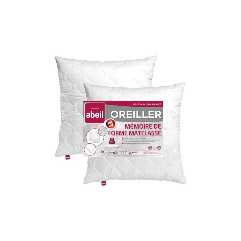Occasion - Très bon état ABEIL Lot de 2 Oreillers a mÃ©moire de forme matelassÃ©s- 60x60 cm - Blanc